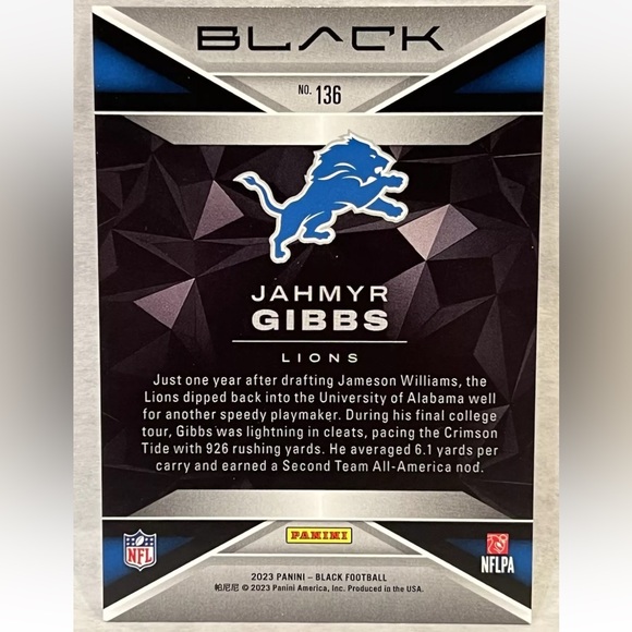 2023 Jahmyr Gibbs Rookie Panini Black Football Card - Picture 2 of 2